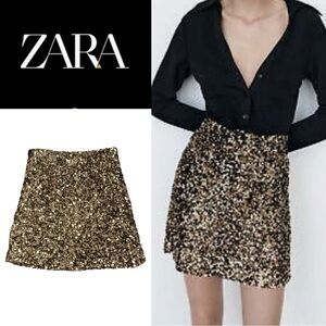 ZARA BLACK GOLD SEQUIN MINI SKIRT